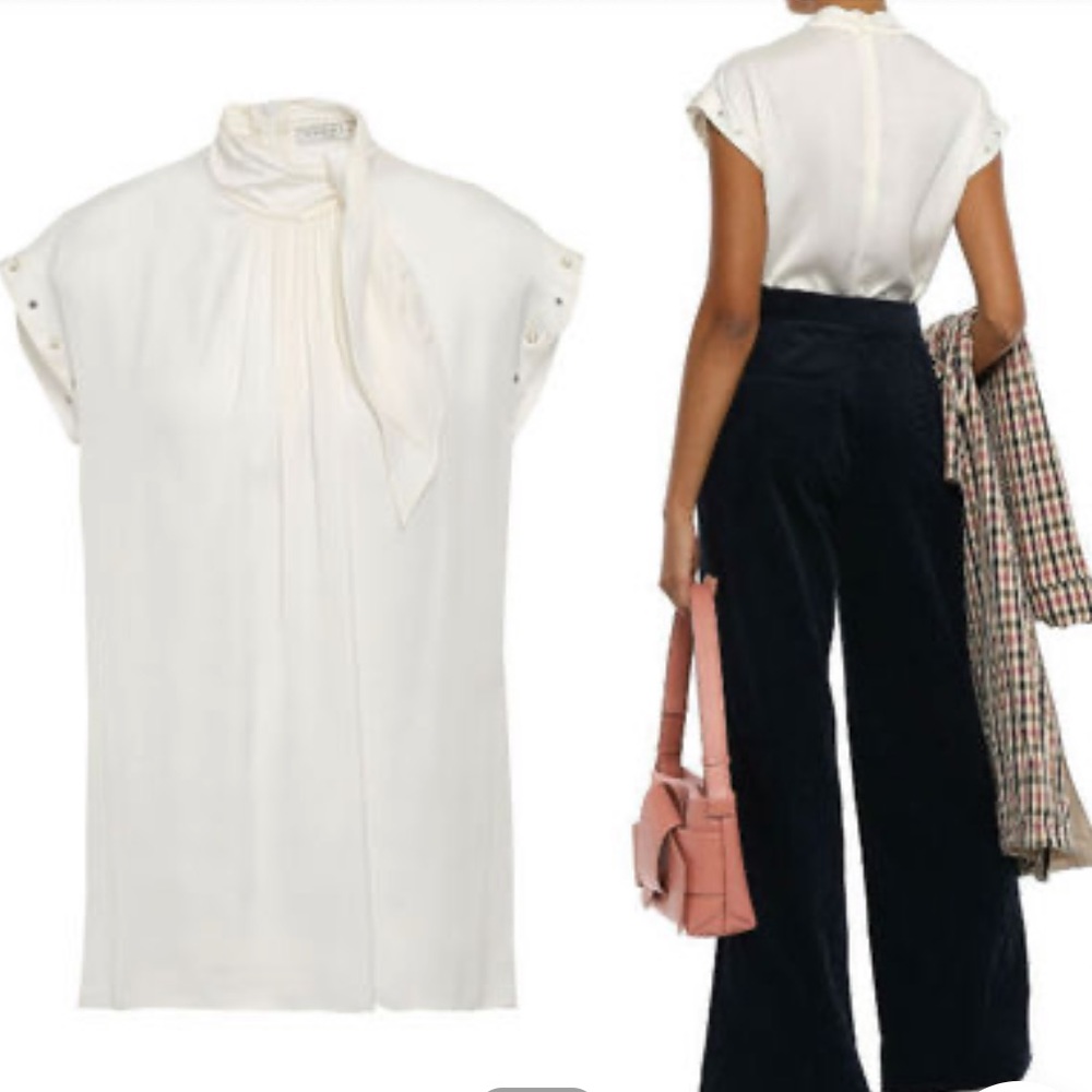 Sandro Courbe Satin Studded Back slit Top Blouse Ecru white - Picture 16 of 16
